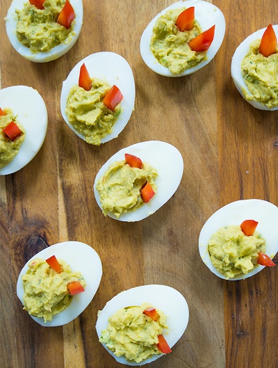 close up of devilled eggs