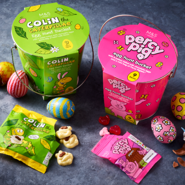 A colin the caterpillar and percy pig easter egg hunt buckets